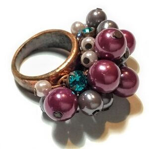 Copper Ring with Moving Faux Colored Pearls & Rhinestones